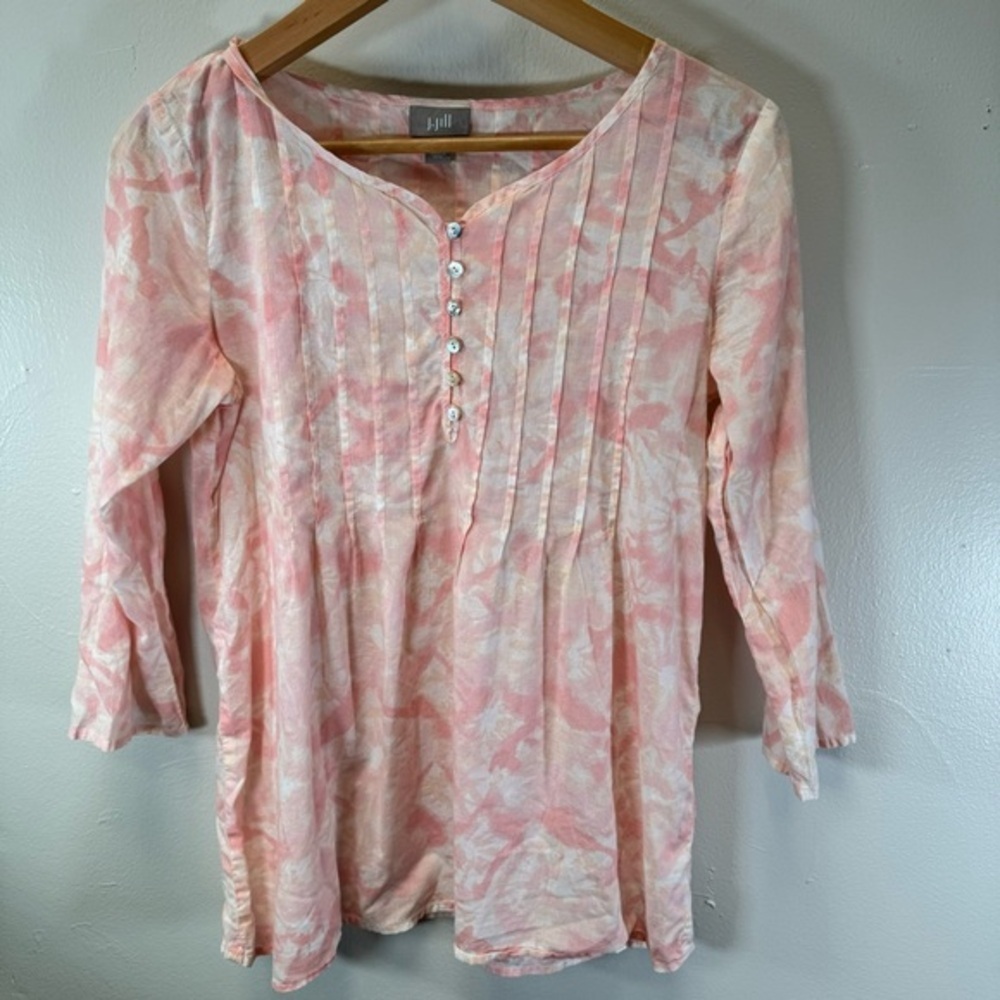 J Jill cotton BoHo blouse red white pink tie-dye top button XS small 3/4 sleeve
